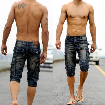 Wiaofellas Vintage Men's Fashion Cargo Denim Shorts With Multi Pockets Slim Fit Military Jeans Shorts For Male Washed